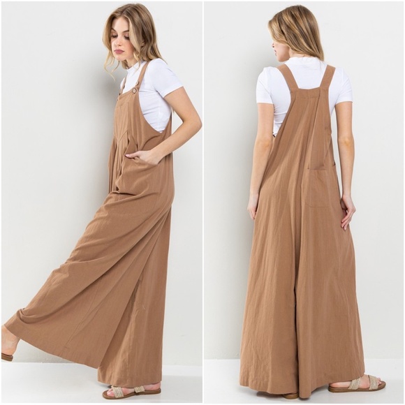 024 Mocha Linen Button Wide Leg Jumpsuit - Picture 2 of 3